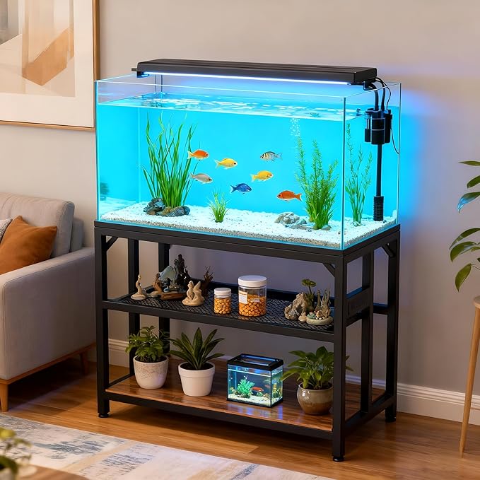 40 Gallon Fish Tank Stand with Power Outlets and Adjustable Shelf, 660LBS Capacity Metal Aquarium Stand for Turtle Tank, Reptile Terrarium and Breeder Tank, Suitable for Home Office, Rustic Brown