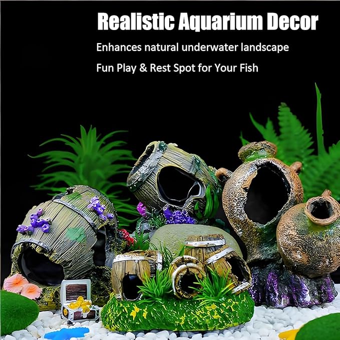 Aquarium Decorations Cave – Resin Fish Tank Ornament Barrel Hideout for Betta, Shrimp & Small Fish, Rock Cave Shelter Breeding & Hiding Decor Broken Barrel Aquarium Decoration (Broken Barrel-01)