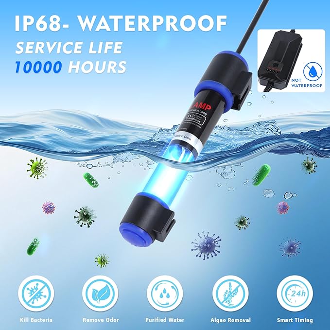UV-C Aquarium Clean Light with Timer, Mini 3W 5W 7W 9W 11W Submersible Algae Clean Light Water Green Clean Fish Tank Water Clean Lamp for Sump Pond Filter Tank (11W Timer)