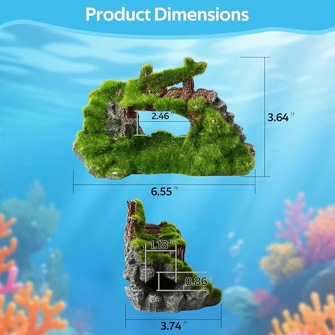 Saim Aquarium Cave Decor, Mossy Hollow Rock Hideout for Betta Fish & Shrimp - Natural Ruins Stone with Hole, Small Fish Hideaway Tank Ornaments