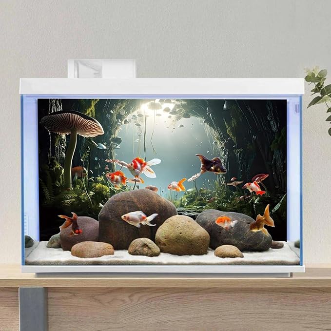 AWERT 24x16 inches Aquarium Background Foggy Stone Mushroom Moss Terrarium Background Polyester Green Plants Cave Fish Tank Background