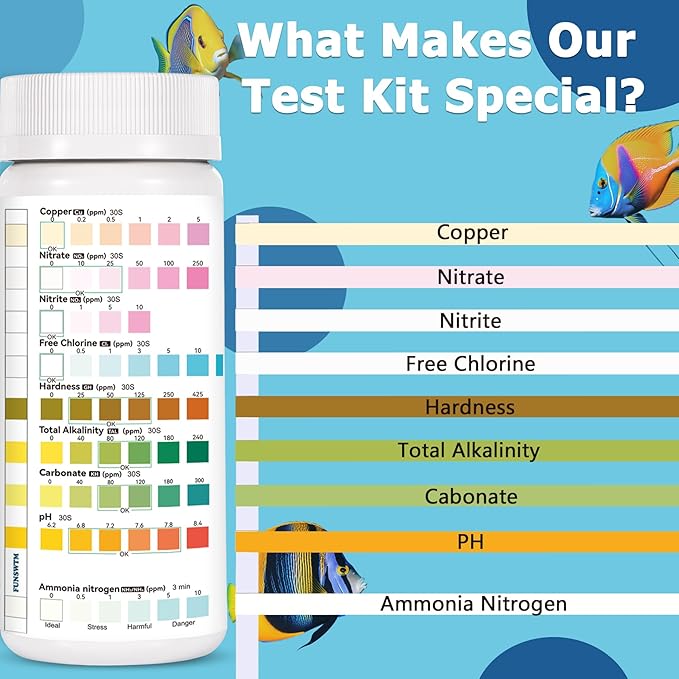 Aquarium Test Strips for Freshwater Fish – 9 in 1 Fish Tank Water Test Strips, Fast & Easy Color Chart for Beginners, Test Ammonia Nitrite Nitrate pH Chlorine Hardness, 50 Strips