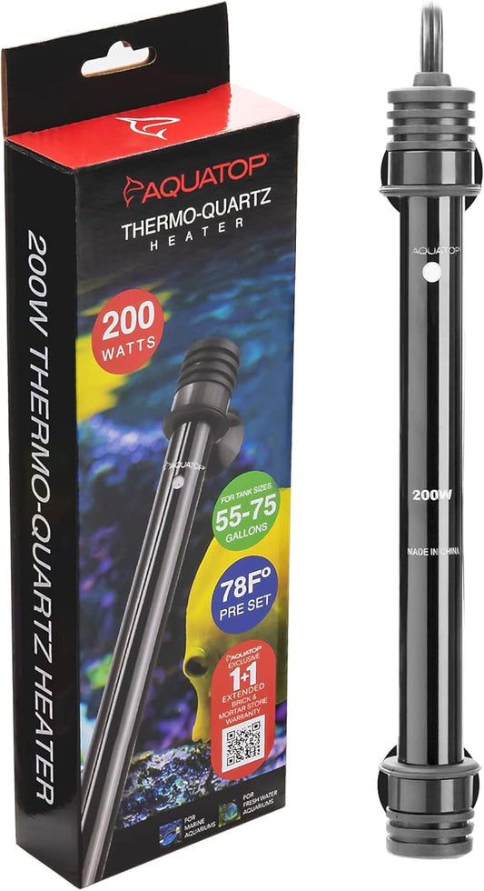 Aquatop 200W Thermo-Quartz Electronic Heater - Fully Submersible for Fish Tanks Up to 75 Gallons, Preset 78F Electric Thermostat, Fresh & Saltwater Use, Aquarium Heaters, TQ-200W