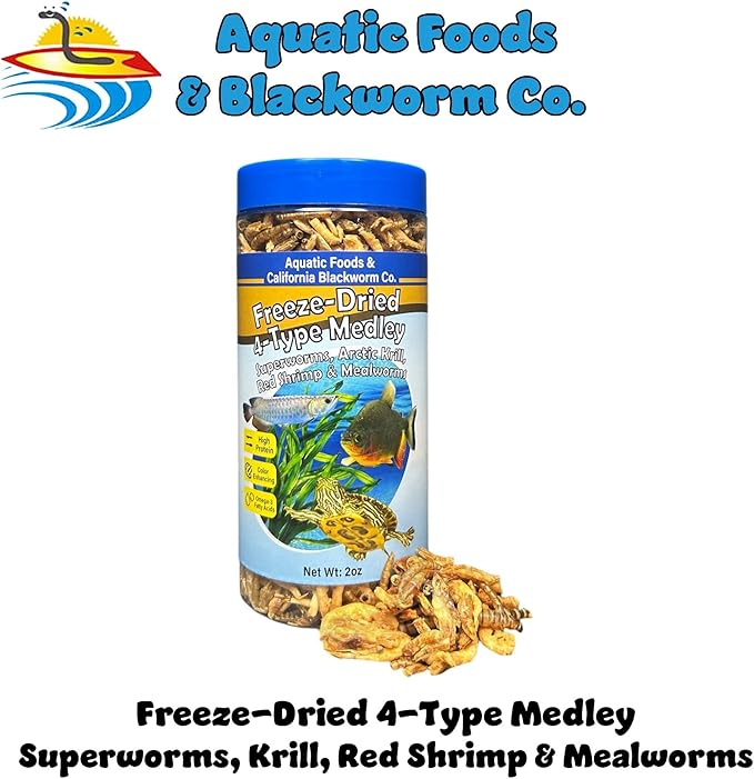 4-Type Medley Mix of Freeze Dried Superworms, Krill, Red Shrimp, Mealworms for Monster Fish, Reptiles, Turtles, Tortoises, Frogs, Hamsters, Birds, Rodents 2oz Canister