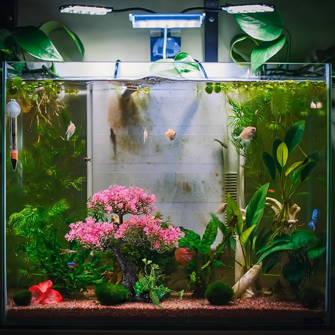 Kisangel Artificial Aquascaping Plants Kit, Pink Bonsai Tree Fake Plastic Ornaments, Japanese Style Décor for Fish, Turtle & Axolotl Habitats, 11.4" x 9.4"