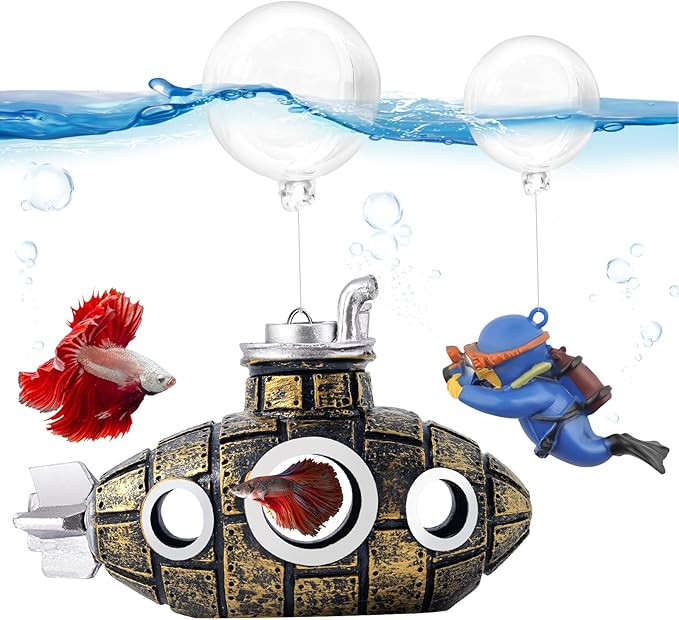 CousDUoBe New Upgrade Floating Fish Tank Decoration, Cute Retro Submarine Set and Floating Diver,Three Float Balls, Aquarium Decorations Resinous Betta Fish Tank Accessories