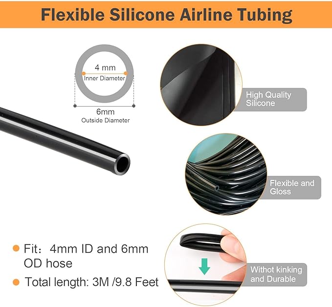 6 Units Adjustable Aquarium Micro Valve air Control Barb Hose Connector and 118 inch Black Aquarium Soft Silicone Airline tubing Hose