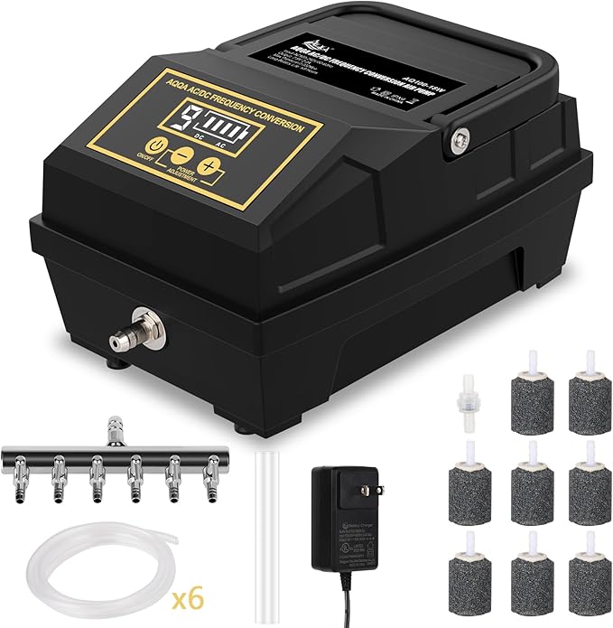 AQQA Powerful Aquarium Air Pump with 6 Outlets Battery Rechargeable Waterproof Outdoor Pond Oxygen Pump Fish Air Bubbler with Air Stones, Air Tubes and Valves (10W, 260GPH)
