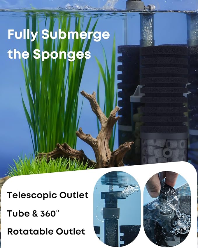 Pawfly Aquarium Sponge Filter, Fish Tank Filter, Submersible Small Aquarium Filter with Double Foams & Ceramic Rings, Quiet Bio Sponge Filter for 15-55 Gallon Tanks(Air Pump Not Included)