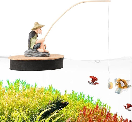 Resin Fisherman Aquarium Decor with Realistic Mini Fishing Rod, Sitting Fishing Figurines Floating Fish Tank Decorations, Fun Fish Feeder Aquarium Ornaments(Style 1)