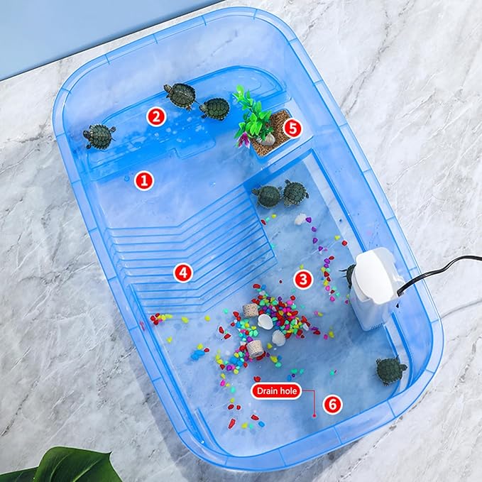 Turtle Aquarium Tank with Platform Habitat for Terrapins - Transparent, Multi-Function Areas, Bottom Drainage-Plug - Blue, Purple, or Orange
