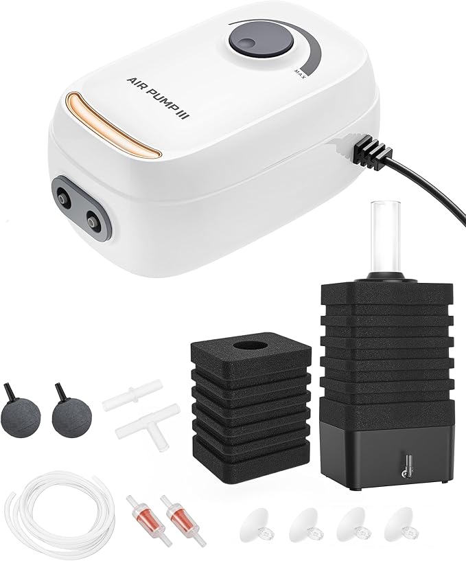MoonOrange 3W/6W Aquarium Air Pump, Adjustable Aquarium Aerator with 2-Outlet, Super-Powerful & Quiet Oxygen Pump for Fish Tanks up to 100/200 Gallon with Full Accessories.(Upgrade Noise-Reduce)