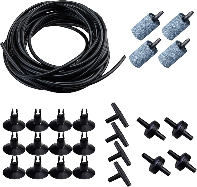 AQUANEAT 25 Feet Aquarium Airline Tubing, Standard 3/16" Tubing, Air Pump Accessories,with Air Stones, Check Valves, Suction Cups and Connectors (Black)