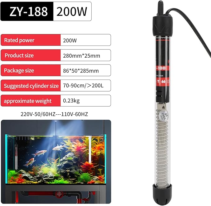 200W Aquarium Heater, Automatic Thermostat Fish Tank Heater with Suction Cup Brackets, Glass Submersible Heater with 110V US Plug for Marine Saltwater, Freshwater