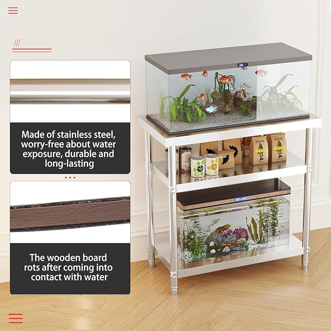 Stainless Steel 20-29-30 Gallon Fish Tank Stand 20+ Gallon Aquarium Stand Long Aquarium Table Double Fish Tank Shelf Terrarium Stand 31.5" L*15.75" W Tabletop
