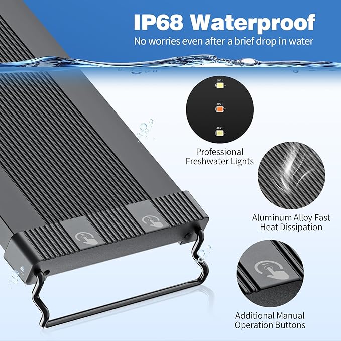 Bluetooth LED Aquarium Light with APP Control, 3 Modes for 48-54 Inch Fish Tank Light with Full Spectrum White Blue Red Green Lights, IP68 Waterproof with Extendable Brackets for Freshwater