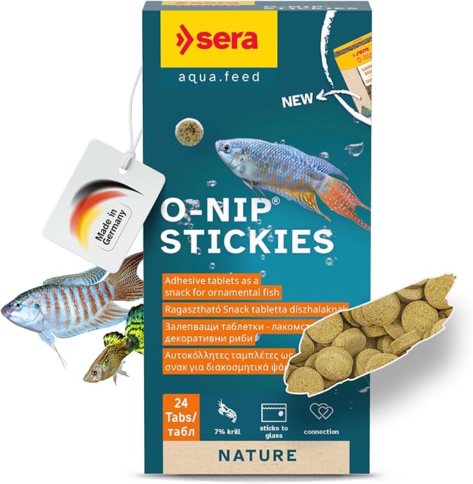 Sera O-Nip Stickies 24 Tabs 0.6 oz | Complete Feed for All Ornamental Fish | Adhesive Tablets Stick to The Aquarium Glass | High Protein | No Dyes & Preservatives | with Bloodworms, Krill & Tubifex