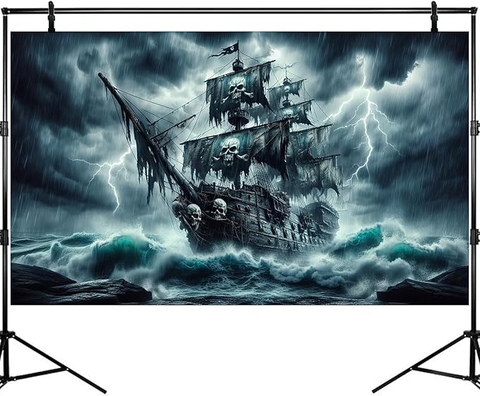 Haunted Black Pearl Pirate Ship Aquarium Background Huge Horrible Waves Lighting Ripped Sales Stormy Sea Ocean Fish Tank Background Broken Ship Skull Sail Terrarium Backgrounds for Tank Decors 24x16in