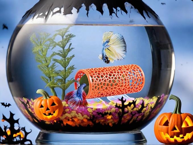Abizoo Betta Tunnel Aquarium Cave Orange Hollow Coral Design, Betta Fish Toys Aquarium Ornament for Small Fish Shrimp Habitat Smooth Hammock Hideout Halloween Tank Decoration