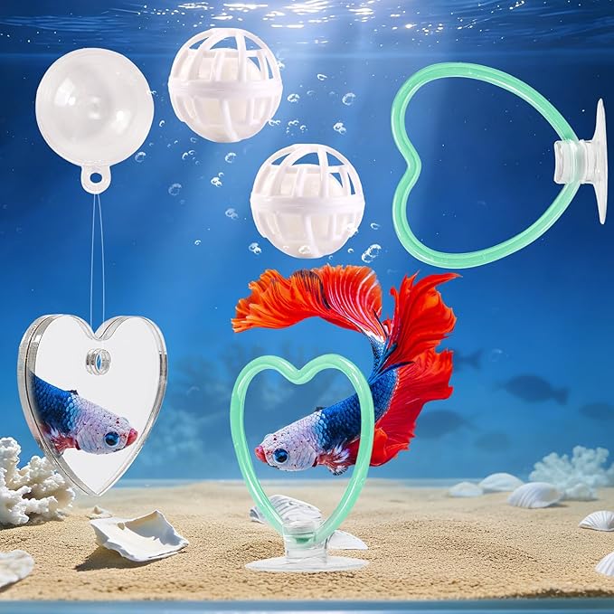 Betta Fish Toys, 2 PCS Heart Fish Exercise Ring and Nitrifying Balls Set, Heart Betta Mirror Toy Set, Feeding Ring with Suction Cup, Fishing Tank Accessories for Gifts (Green)