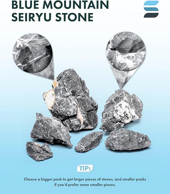 SubstrateSource Natural Aquarium Stones - Dark Bluish-Grey w/White Veins - Iwagumi Aquascaping Rocks, Freshwater Tanks, Cichlids, Betta Fish & Shrimp Tank Decorations - Blue Mountain Seiryu, 30 LB