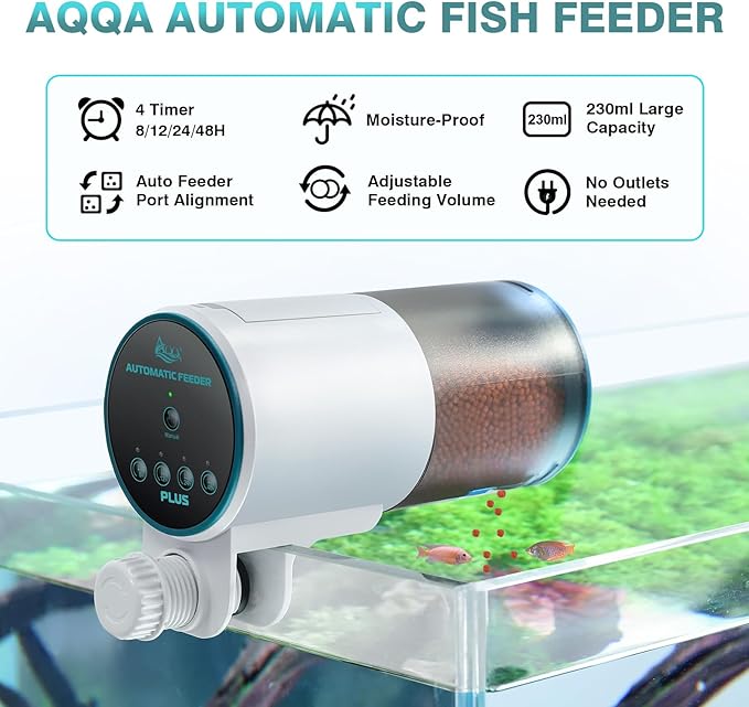 AQQA Automatic Fish Feeder for Aquarium - Auto Fish Food Dispenser with 8/12/24/48H Timer, 230 ML Large Capacity Vacation Tank Feeder for Turtle Betta Goldfish, Feeding Port Automatic Alignment