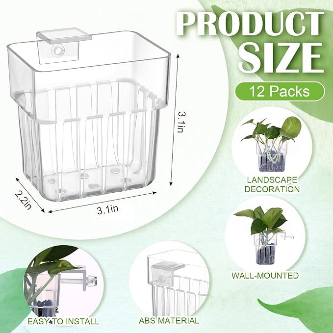 12 Pack Top Hanging Fish Tank Plant Pot Clear Aquarium Plant Holder with Hook Aquatic Plant Cup Holder Aquarium Aquatic P-lant Pot Water Landscape Decoration for P-lant Water Feature Decoration