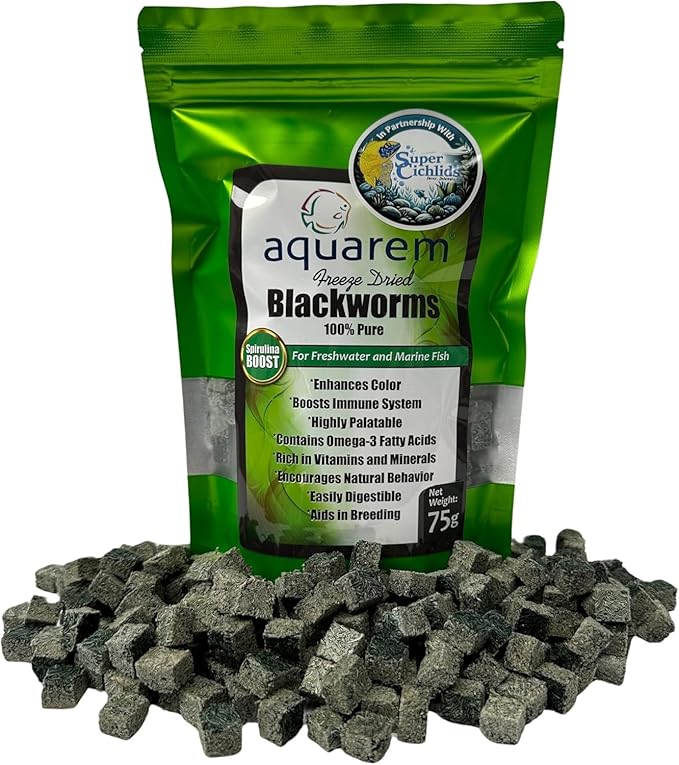 Premium Grade Freeze Dried California Blackworms with Spirulina Boost - High-Protein, All Natural Fish Food from Temp Controlled Hatchery for Vibrant Cichlids, Tropical & Marine Fish (75 Grams)