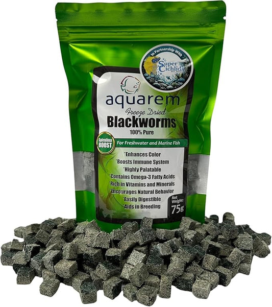 Premium Grade Freeze Dried California Blackworms with Spirulina Boost - High-Protein, All Natural Fish Food from Temp Controlled Hatchery for Vibrant Cichlids, Tropical & Marine Fish (75 Grams)
