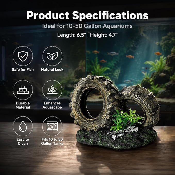 Mipukbay Fish Tank Decoration, Truck Wheel Aquarium Decor Hiding Cave Ornament for Freshwater/Saltwater, Safe Landscaping Rock Resin Decoration for Betta Fish, Goldfish and Aquatic Pets