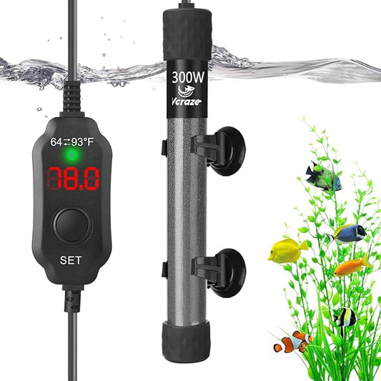 300W Compact Aquarium Heater for 40-60 Gallon Tanks | Submersible Fish Tank Heater with LED Digital Thermostat, Dry-Run & Overheat Protection, Memory Function