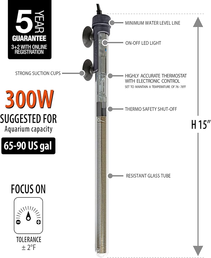 Sicce Scuba 300 Watt Aquarium Fish Tank Heater Preset at 77℉ for Up to 90 Gallons | 300W Submersible for Marine Saltwater and Freshwater | Run Dry Protection