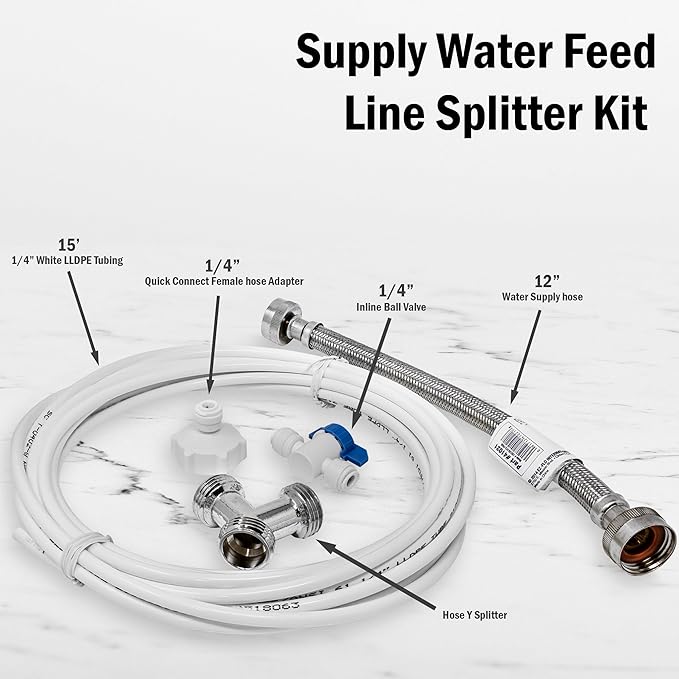 Metpure Washer Laundry Water Feed Line Splitter For Water Filtration RO Deionization Aquarium System 25’ Feet X 1/4” Tubing W/Shut Off Valve And Wye Connector + Supply Hose