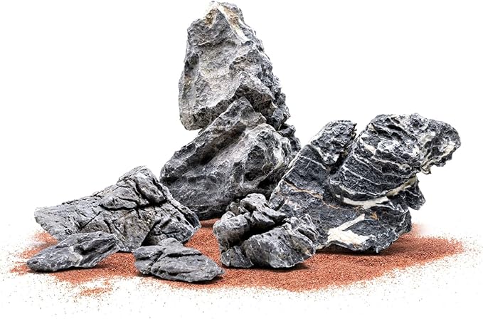 SubstrateSource Natural Aquarium Stones - Dark Bluish-Grey w/White Veins - Iwagumi Aquascaping Rocks, Freshwater Tanks, Cichlids, Betta Fish & Shrimp Tank Decorations - Blue Mountain Seiryu, 30 LB