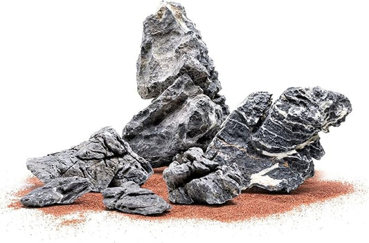 SubstrateSource Natural Aquarium Stones - Dark Bluish-Grey w/White Veins - Iwagumi Aquascaping Rocks, Freshwater Tanks, Cichlids, Betta Fish & Shrimp Tank Decorations - Blue Mountain Seiryu, 30 LB