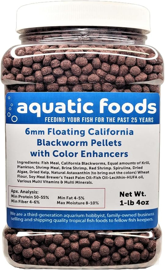 6 mm Floating Blackworm Pellets with Color Enhancers & Vitamins. Great for All Tropical Fish, Marine Fish, Cichlids, Carnivores, Discus, Coldwater Fish, Koi & Pond Fish …1-lb 4oz Med Jar