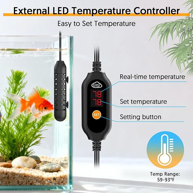 QZQ Aquarium Heater, 50W Adjustable Fish Tank Heater with Digital Display, External Temperature Controller, Submersible Turtle Tank Heater for 5-10 Gallon Tanks