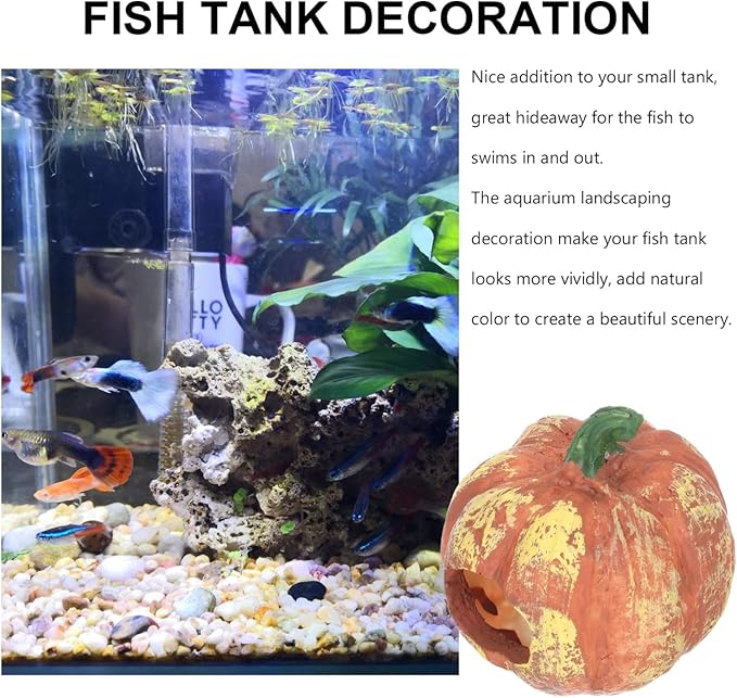 BESPORTBLE Hideout Cave Halloween Pumpkin Figurine, Resin Fish Tank Statue Halloween Aquarium Decorations for Reptile Tank Fish Tank