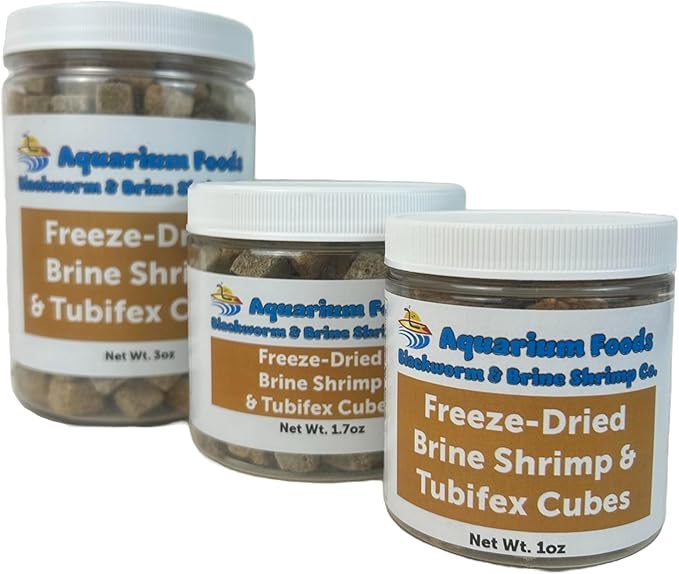 Brine Shrimp & Tubifex Worms - Freeze-Dried Brine Shrimp & Tubifex Cubes for Discus, Cichlids, Koi, Pond Fish, Aquatic Turtles, All Tropical Fish, Marine Fish..1.7oz Med Round Jar