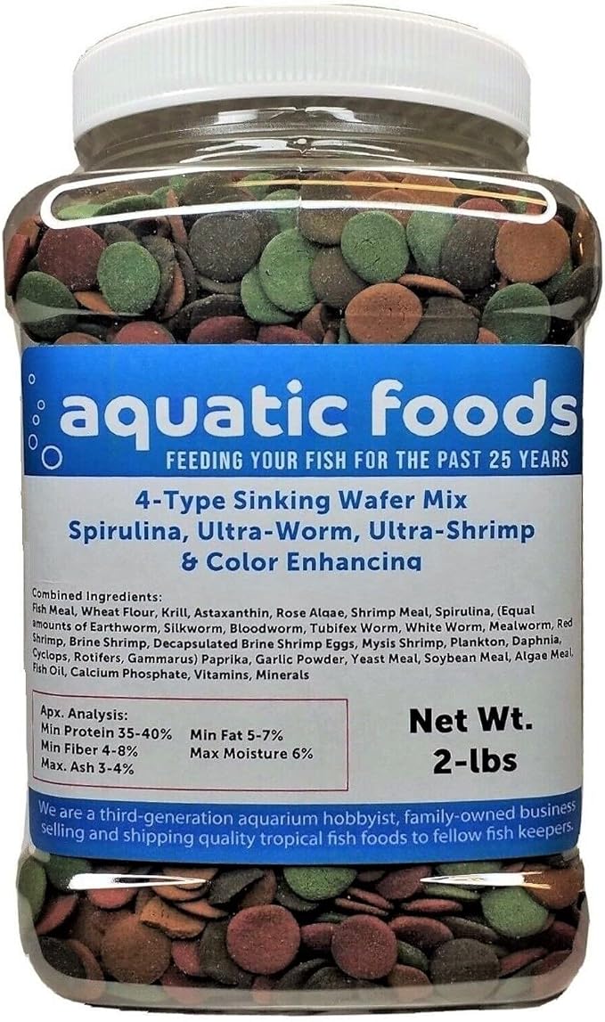 4-Type Ultra Mix of 12mm - 1/2'' Wafers, Spirulina-Algae 6-Type Worm 10-Type Shrimp Wafer, Intense Color Enhancing Wafers. Plecos, Shrimp, Snails, All Tropical Fish..2-lb Jar