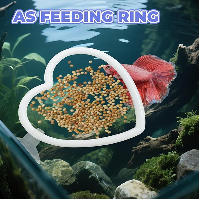 Beta Fish Aquariums Accessories, 1 Mirror with Floating Ball & 2 Exercise Training Ring Toys, Fish Feeding Ring, Betta Fish Toys Set for Tank, Enrichment Toys for Fish (Heart Shape)