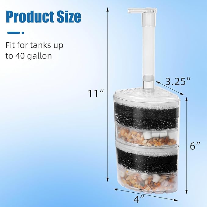 AQUANEAT Aquarium Air Driven Corner Sponge Filter for Nano Fish Tank with Tubing, Valves and Suction Cups, up to 40 Gallon