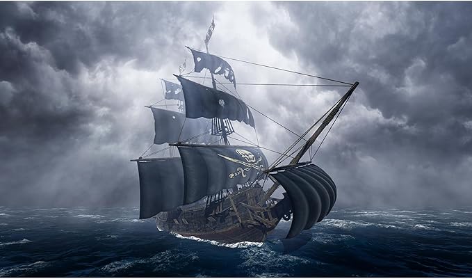 Ancient Pirate Ship Aquarium Background Mysterious Cloudy Stormy Sea Fish Tank Background Rough Open Seas Vintage Sailing Old Ship Scenery Terrarium Backgrounds for Home Tank Decors 30x12in