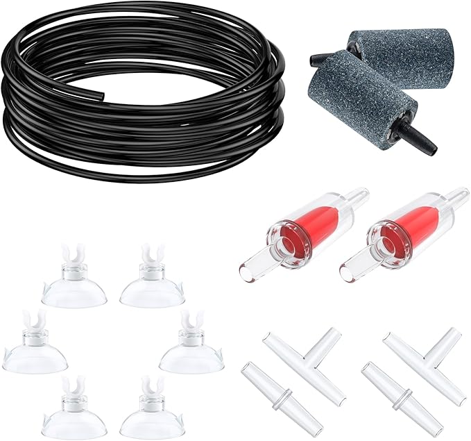 Pawfly 26 Feet Aquarium Air Tubing Standard 3/16" Airline Tubing Air Pump Accessories with Air Stones, Check Valves, Suction Cups and Connectors