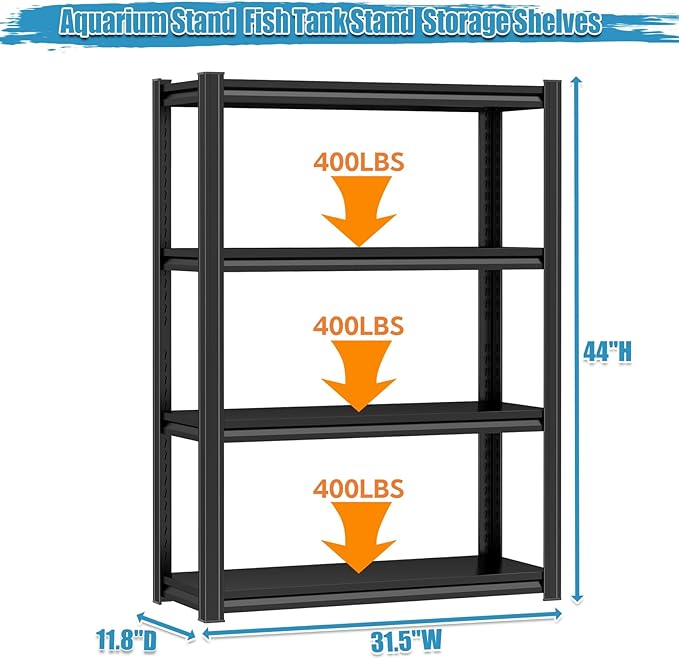 Fish Tank Stand Aquarium Stand 1600LBS Metal Shelving Adjustable Storage Shelves Heavy Duty Display Shelves Utility Shelf for Turtle Tank, Reptile Terrarium, 44"H × 31.5"W × 11.8"D, Black