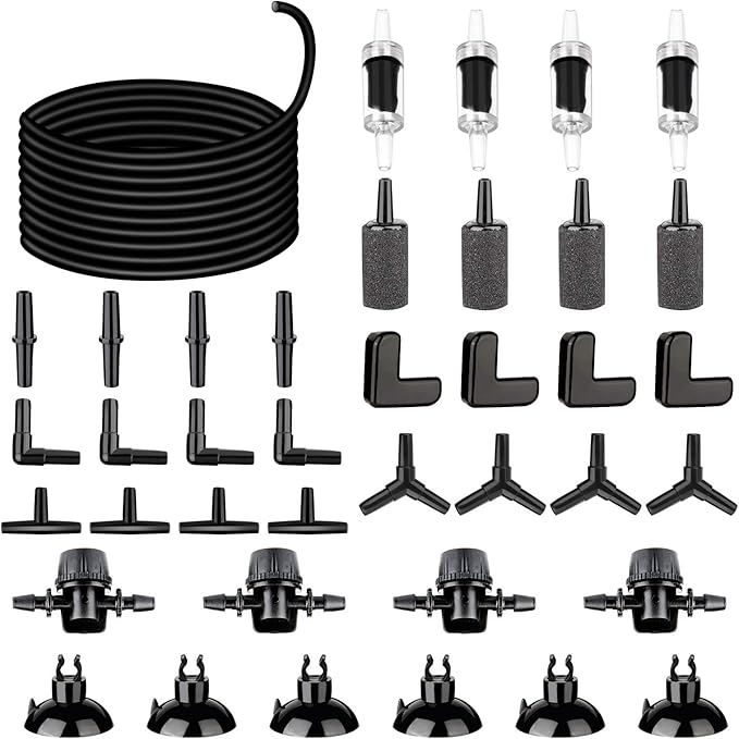 26.6 Feet Black Aquarium Soft Airline Tubing Hose Standard with 4 Air Stones,4 air Value Controller,4 Check Valves, 6 Suction Cups and 16 in Total for I,L,T,Y Shape Connectors
