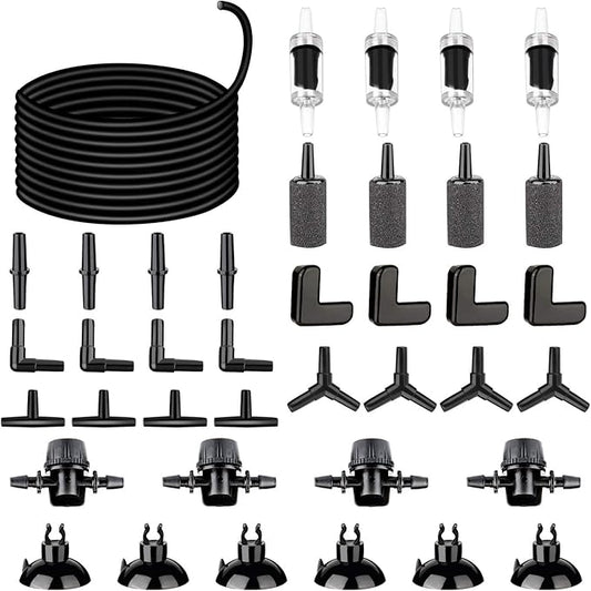 26.6 Feet Black Aquarium Soft Airline Tubing Hose Standard with 4 Air Stones,4 air Value Controller,4 Check Valves, 6 Suction Cups and 16 in Total for I,L,T,Y Shape Connectors