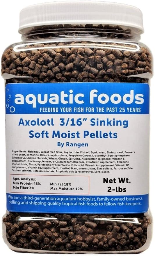 Axolotl Food 3/16" Soft Moist Sinking Salmon Pellets for Adult Axolotl Also Shrimp, Snails, Crabs, Crayfish, Bottom Tropical Fish...2-lb Med Jar