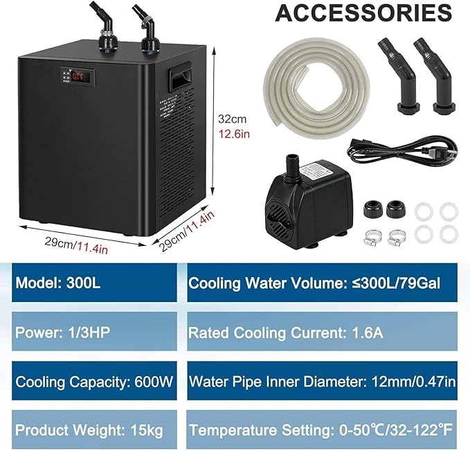 160L/300L/500L/1000L Aquarium Chiller, 1/10HP 1/3HP 1/2HP 1HP Active Aqua Water Chiller, Fish Tank Chiller for Hydroponics Systems, for Fresh and Saltwater Fish Tank,ForFishTankOnly-300L/79Gal