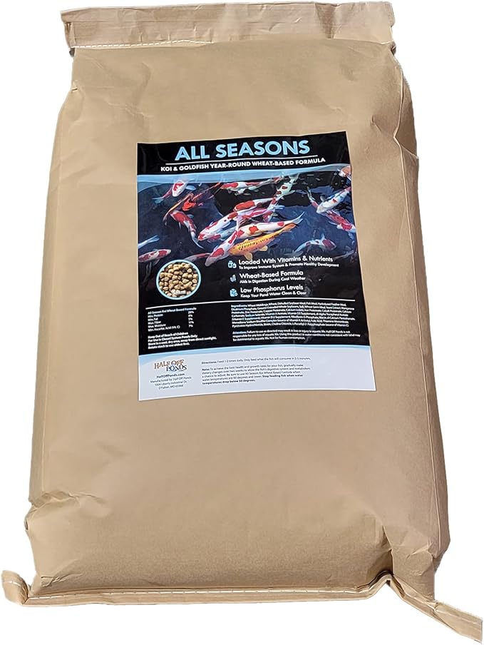 HALF OFF PONDS All Seasons Koi Fish Food - 20 lb Floating Pellets, 5mm Size - Goldfish Food for Ponds - 28% Protein with Wheat Germ & Vitamins - Ideal for Year-Round Feeding & Water Clarity